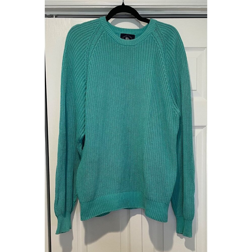 Vtg Boston Clipper Mens Teal Cotton Knit Sweater Size L Grunge 90s Indie Grandpa